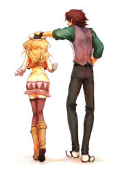 Rule 34 | 10s, 1boy, 1girl, bare shoulders, blonde hair, boots, brown hair, brown thighhighs, cabbie hat, chai 5, cropped jacket, detached sleeves, from behind, hat, headpat, height difference, jacket, kaburagi t. kotetsu, karina lyle, long hair, short hair, simple background, smile, thighhighs, tiger &amp; bunny, vest, waistcoat, walking, zettai ryouiki