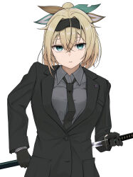 Rule 34 | 1girl, absurdres, alternate costume, aqua eyes, black gloves, black headband, black necktie, black suit, blonde hair, collared shirt, dress shirt, empty eyes, formal, frown, gloves, grey shirt, hair between eyes, hair ornament, headband, highres, holding, holding behind back, holding sheath, holding sword, holding weapon, hololive, jacket, kazama iroha, lapel pin, leaf hair ornament, long sleeves, looking at viewer, micon, necktie, parted lips, partially unbuttoned, ponytail, scabbard, sheath, shirt, simple background, solo, suit, suit jacket, sword, sword behind back, unsheathing, upper body, virtual youtuber, weapon, white background