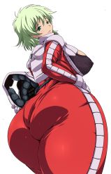 Rule 34 | 1girl, aina saharin, ass, blush, bodysuit, breasts, covered erect nipples, from behind, geroika, green eyes, green hair, gundam, gundam 08th ms team, helmet, highres, holding, holding helmet, large breasts, lips, looking at viewer, looking back, pilot, pilot suit, plugsuit, red bodysuit, shiny clothes, shiny skin, short hair, simple background, skin tight, smile, solo, standing, white background