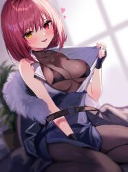 Rule 34 | 1girl, absurdres, bare shoulders, black bra, black gloves, black skirt, black thighhighs, blush, bodystocking, bra, breasts, cleavage, coat, collarbone, fang, fingerless gloves, fur-trimmed coat, fur trim, gloves, heart, heart-shaped pupils, heart necklace, hell fuuna, heterochromia, high-waist skirt, highres, hololive, houshou marine, houshou marine (businesswoman), jewelry, large breasts, looking at viewer, miniskirt, necklace, official alternate costume, open clothes, open mouth, open shirt, pantyhose, red eyes, red hair, see-through, see-through cleavage, shirt, short hair, skirt, sleeveless, sleeveless shirt, solo, symbol-shaped pupils, thighhighs, thighs, underwear, virtual youtuber, white shirt, yellow eyes