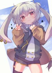 Rule 34 | 1girl, animal ears, black bow, black necktie, blue sky, bow, brown jacket, cloud, cloudy sky, collared shirt, commentary request, commission, copyright request, day, demimushi, grey hair, grey shirt, grey shorts, hair between eyes, hands up, head tilt, highres, jacket, long hair, long sleeves, looking at viewer, necktie, puffy long sleeves, puffy sleeves, rabbit ears, red eyes, shirt, short shorts, shorts, skeb commission, sky, sleeves past wrists, solo, standing
