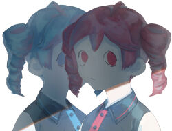 Rule 34 | 2girls, ahoge, alternate color, behind another, black shirt, blank stare, blue eyes, blue hair, collared shirt, commentary, covered face, drill hair, empty eyes, expressionless, highres, kasane teto, looking at viewer, multiple girls, no pupils, parted lips, player 2, portrait, red eyes, red hair, shade, shirt, short hair, simple background, sleeveless, sleeveless shirt, tatsu (soto), twin drills, utau, white background, wide-eyed