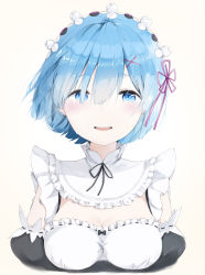 Rule 34 | 10s, 1girl, blue eyes, blue hair, blush, breasts, cleavage, collar, cropped torso, crying, crying with eyes open, detached collar, detached sleeves, frilled collar, frills, hair ornament, hair over one eye, hair ribbon, happy tears, looking at viewer, maid, maid headdress, medium breasts, open mouth, purple ribbon, re:zero kara hajimeru isekai seikatsu, rem (re:zero), ribbon, sagoshi, short hair, simple background, smile, solo, tears, teeth, upper body, white background, x hair ornament