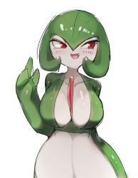 Rule 34 | 1girl, absurdres, arm at side, blush, bob cut, breasts, collarbone, colored skin, creatures (company), female focus, game freak, gardevoir, gen 3 pokemon, green hair, green skin, hair between eyes, half-closed eyes, hand up, happy, highres, large breasts, looking to the side, multicolored skin, my700, nintendo, open mouth, pokemon, pokemon (creature), red eyes, shiny skin, short hair, simple background, sketch, smile, solo, standing, straight-on, two-tone skin, upper body, waving, white background, white skin