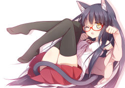 Rule 34 | 1girl, ;3, animal ears, black hair, black thighhighs, cat ears, cropped jacket, glasses, legs up, lying, on back, one eye closed, open mouth, original, paw pose, reina (black spider), ribbon, simple background, skirt, solo, tail, thighhighs, yellow eyes