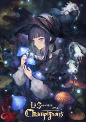 Rule 34 | 1girl, belt, black hair, blue mushroom, blunt bangs, blush, english text, eyelashes, flower, frills, grey hat, hat, hat belt, highres, holding, holding mushroom, large hat, long hair, looking at viewer, mushroom, original, painterly, parted lips, plant, pupps, purple eyes, solo, turtleneck, twintails, white flower, witch, witch hat
