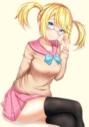 Rule 34 | 1girl, adjusting eyewear, arm behind back, bad id, bad twitter id, black thighhighs, blonde hair, blue bow, blue bowtie, blue eyes, blush, bow, bowtie, breasts, brown sweater, closed mouth, collarbone, crossed legs, glasses, hand on eyewear, hand up, head tilt, highres, long hair, long sleeves, looking at viewer, medium breasts, miniskirt, phantasy star, phantasy star online 2, pink-framed eyewear, pink sailor collar, pink skirt, pleated skirt, sailor collar, school uniform, shadow, sidelocks, sierra (pso2), simple background, sitting, skirt, smile, solo, sweater, thighhighs, twintails, yellow background, yuano
