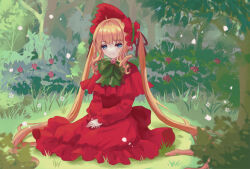 Rule 34 | 1girl, blonde hair, blue eyes, bonnet, bow, bowtie, bush, capelet, closed mouth, commentary request, dress, drill hair, drill sidelocks, flat chest, flower, flower brooch, forest, frilled capelet, frilled dress, frilled sleeves, frills, full body, grass, green bow, green bowtie, hands on lap, highres, lolita fashion, long dress, long hair, long sleeves, looking at viewer, nature, own hands together, pink flower, pink rose, red capelet, red dress, red flower, red headwear, rose, rozen maiden, shinku, sidelocks, sitting, smile, solo, tree, twintails, very long hair, yvette (yunzhixi)