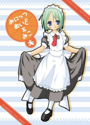 Rule 34 | 1girl, apron, blue eyes, blush, clothes lift, dress, dress lift, full body, green hair, maid, maid apron, maid headdress, mary janes, necktie, original, pantyhose, red necktie, shoes, short hair, short sleeves, simple background, smile, solo, striped, striped background, white pantyhose, yuu-yuu
