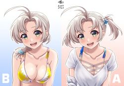 Rule 34 | 1girl, antenna hair, artist name, bare arms, bare shoulders, bikini, blush, breasts, cleavage, collarbone, dated, dual persona, floral print, green eyes, grey hair, kantai collection, kinugasa (kancolle), kinugasa kai ni (kancolle), large breasts, looking at viewer, multiple views, official alternate costume, open mouth, shirt, short hair, short sleeves, signature, smile, swimsuit, tk8d32, upper body, white shirt, yellow bikini
