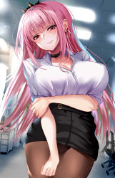 Rule 34 | 1girl, absurdres, black skirt, breasts, closed mouth, collared shirt, cowboy shot, earrings, hair ornament, highres, hololive, hololive english, indoors, jewelry, kuro (tbm9187), large breasts, long hair, looking at viewer, mori calliope, office lady, pantyhose, pink eyes, pink hair, shirt, skirt, sleeves rolled up, smile, solo, virtual youtuber, white shirt