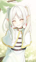Rule 34 | 1girl, arms behind back, blush, branch, capelet, closed eyes, closed mouth, elf, frieren, highres, long hair, melt (melt out1), pointy ears, shirt, smile, solo, sousou no frieren, white background, white capelet, white hair, white shirt