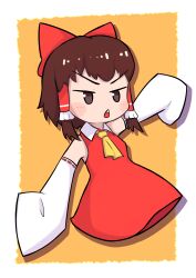 Rule 34 | 1girl, absurdres, ascot, blush, bow, brown eyes, brown hair, chibi, cookie (touhou), detached sleeves, dress, full body, hair bow, hair tubes, hakurei reimu, highres, long sleeves, looking at viewer, open mouth, red bow, red dress, ribbon-trimmed sleeves, ribbon trim, sakenomi (cookie), short bangs, short hair, simple background, sleeveless, sleeveless dress, solo, tatamaru5382, touhou, triangle mouth, v-shaped eyebrows, white background, white sleeves, wide sleeves, yellow ascot