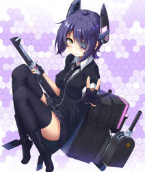 Rule 34 | &gt;:), 10s, 1girl, black skirt, black thighhighs, breasts, checkered clothes, checkered necktie, checkered neckwear, covered erect nipples, eyepatch, gloves, headgear, honeycomb (pattern), honeycomb background, honeycomb pattern, kantai collection, katana, medium breasts, mikawaya, necktie, outstretched arm, partially fingerless gloves, purple hair, school uniform, sheath, sheathed, short hair, sitting, skirt, solo, sword, tenryuu (kancolle), thighhighs, thighs, tiptoes, v-shaped eyebrows, weapon, yellow eyes