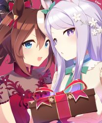 Rule 34 | 2girls, absurdres, animal ears, artist name, blue eyes, blush, bow, brown hair, commentary, dress, ear ornament, gift, giving, hair bow, hair ornament, high collar, highres, holding, holding gift, horse ears, horse girl, long hair, looking at viewer, mejiro mcqueen (umamusume), multicolored hair, multiple girls, open mouth, parted lips, ponytail, purple eyes, purple hair, red bow, red dress, ryuu (ryuraconis), short sleeves, sidelocks, signature, smile, star (symbol), streaked hair, tokai teio (umamusume), umamusume, valentine, white dress, white hair