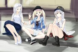 Rule 34 | 3girls, aiu eo, alternate costume, azur lane, baseball cap, black footwear, black hat, black skirt, blonde hair, blue jacket, blue skirt, boots, bowler hat, breasts, casual, cleavage, clothes around waist, commentary request, contemporary, enterprise (azur lane), green eyes, hair spread out, hand on own cheek, hand on own face, hat, highres, hornet (azur lane), jacket, jewelry, knees together feet apart, legs together, long hair, looking at another, looking at viewer, miniskirt, multiple girls, necklace, on ground, open mouth, outdoors, outstretched arm, parted bangs, plaid, plaid shirt, purple eyes, red shirt, shirt, shirt around waist, short shorts, shorts, siblings, silver hair, sisters, sitting, skirt, straight hair, sunglasses, sunglasses removed, t-shirt, twintails, very long hair, waving arm, white shorts, yorktown (azur lane)