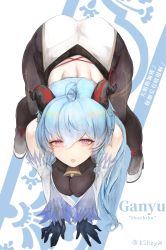 Rule 34 | 1girl, absurdres, all fours, ass, bare shoulders, bell, black pantyhose, blue hair, breasts, character name, cowbell, detached sleeves, ganyu (genshin impact), genshin impact, gloves, goat horns, half-closed eyes, highres, horns, kino shay, large breasts, looking at viewer, open mouth, pantyhose, purple eyes, solo