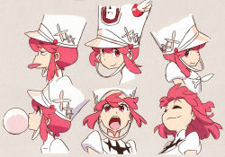 Rule 34 | 10s, 1girl, character sheet, female focus, hat, jakuzure nonon, kill la kill, looking at viewer, official art, pink eyes, pink hair, simple background, smile, solo, sushio, upper body