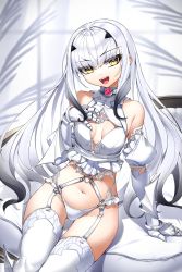 Rule 34 | 1girl, absurdres, arm support, bare shoulders, breasts, casul, choker, cleavage cutout, clothing cutout, detached sleeves, melusine (fate), fate/grand order, fate (series), forked eyebrows, frills, garter straps, gauntlets, highres, long hair, looking at viewer, open mouth, panties, sidelocks, sitting, small breasts, solo, thighhighs, underwear, white hair, white panties, white thighhighs, yellow eyes