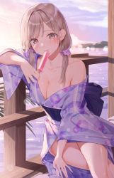 Rule 34 | 1girl, bare shoulders, blush, breasts, brown hair, cleavage, commentary request, crossed legs, floral print, food, hair ornament, highres, holding, holding food, japanese clothes, kimono, unworn kimono, kinako (shiratama mochi), medium breasts, off shoulder, official art, original, popsicle, print kimono, purple kimono, scenery, shiny skin, sitting, solo, water