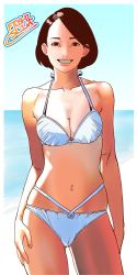 Rule 34 | 1girl, arms at sides, bad id, bad twitter id, bikini, black hair, blue sky, breasts, brown eyes, cleavage, commentary request, contrapposto, cowboy shot, day, fingernails, futoshi slim, gluteal fold, highres, looking at viewer, medium breasts, navel, ocean, original, outdoors, short hair, signature, sky, smile, solo, standing, swimsuit, white bikini