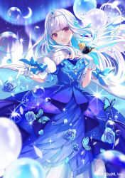 Rule 34 | 1girl, bird, bird on hand, blue bow, blue butterfly, blue dress, blue flower, blue hair, blue rose, bow, bubble, bug, butterfly, colored inner hair, dress, floating hair, flower, gloves, grey hair, hand on own shoulder, highres, insect, lize helesta, lize helesta (3rd costume), looking at viewer, monocle, multicolored hair, nijisanji, official art, open mouth, purple eyes, rose, saine, sebastian piyodore, smile, solo, tiara, virtual youtuber, white gloves