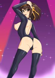 Rule 34 | 1girl, absurdres, arm up, ass, backless leotard, breastless clothes, breasts, brown eyes, brown hair, gradient background, hair ornament, hairband, haruhisky, highres, leotard, long sleeves, looking at viewer, looking back, medium breasts, nipples, open mouth, shiny clothes, shiny skin, short hair, simple background, smile, solo, sparkle, suzumiya haruhi, suzumiya haruhi no yuuutsu, thighhighs, thighs