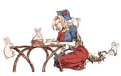 Rule 34 | 1girl, animal, animal on shoulder, barefoot, biting, biting clothes, blue dress, blue hat, braid, braided ponytail, breasts, closed mouth, commentary, cross, dress, forehead, full body, hat, highres, kyanduru, large breasts, long hair, nurse cap, paper, parted bangs, rabbit, red cross, red dress, red eyes, red hat, short sleeves, simple background, sitting, solo, sweatdrop, table, touhou, two-tone dress, white background, white hair, writing, yagokoro eirin