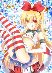 Rule 34 | 1girl, :q, arm warmers, asahi tooru, blonde hair, cosplay, detached sleeves, dokidoki! precure, gloves, hair ornament, hair ribbon, kantai collection, long hair, look-alike, midriff, navel, precure, red eyes, red ribbon, regina (dokidoki! precure), ribbon, sailor collar, shimakaze (kancolle), shimakaze (kancolle) (cosplay), shirt, skirt, solo, striped clothes, striped thighhighs, thighhighs, tongue, tongue out