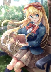 Rule 34 | 1girl, adjusting eyewear, aqua eyes, bench, blazer, blonde hair, blue jacket, blue socks, blurry, blurry background, blurry foreground, book, bow, bowtie, breasts, button gap, emu alice, feet out of frame, floating hair, forest, from above, glasses, gu-rahamu omega x, hair bow, highres, jacket, kneehighs, liver city, long hair, long sleeves, looking at viewer, medium breasts, nature, open mouth, outdoors, pleated skirt, reading, red-framed eyewear, red nose, shade, sitting, skirt, smile, socks, solo, sunlight, tree, tsurime, very long hair, wing collar