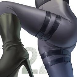 Rule 34 | 1girl, absurdres, ass, blue archive, boots, buckle, head out of frame, high-waist pants, high heel boots, high heels, highres, khoaphan96, leg up, lower body, mina (blue archive), pants, simple background, skin tight, snap-fit buckle, solo, thigh focus, thigh strap, thighs, tight clothes, tight pants, view between legs, white background
