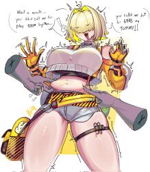 Rule 34 | 1girl, 1other, ahoge, belly, belly grab, black gloves, black sports bra, blonde hair, breasts, clothing cutout, crop top, cropped sweater, cupperexe, elegg (nikke), exposed pocket, gloves, goddess of victory: nikke, grey shorts, hair intakes, hair over eyes, highres, large breasts, long bangs, long sleeves, micro shorts, multicolored clothes, multicolored gloves, multicolored hair, navel, short hair, shorts, shoulder cutout, skindentation, solo, sports bra, suspender shorts, suspenders, thigh strap, thighs, two-tone hair, yellow gloves
