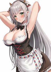 Rule 34 | 1girl, armpits, arms behind head, arms up, bare shoulders, blush, breasts, cleavage, green eyes, harimoji, hololive, large breasts, long hair, looking at viewer, open mouth, shirogane noel, shirogane noel (dirndl), silver hair, solo, very long hair, virtual youtuber