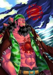 Rule 34 | 1boy, abs, angry, attack, beard, curly hair, facial hair, fish boy, fisher tiger, highres, jolly roger, long hair, male focus, muscular, muscular arms, muscular male, ocean, one piece, pirate, pirate costume, solo, tattoo
