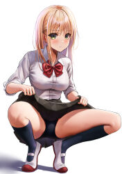 Rule 34 | 1girl, absurdres, black skirt, black socks, blonde hair, blush, bow, breasts, closed mouth, clothes lift, collared shirt, dress shirt, full body, green eyes, highres, kneehighs, large breasts, lifting own clothes, long hair, long sleeves, looking at viewer, original, red bow, school uniform, shirt, shoes, simple background, skirt, skirt lift, socks, solo, spread legs, uwabaki, white background, white footwear, white shirt, yukemuriganmo