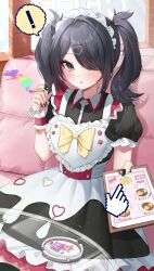 Rule 34 | !, 1girl, absurdres, ame-chan (needy girl overdose), apron, black dress, black hair, black nails, cafe, chouzetsusaikawa tenshi-chan, cigarette, clipboard, collared dress, commentary, couch, cowboy shot, cursor, cuts, day, dress, drugs, frilled dress, frills, grey eyes, hair over one eye, hand up, highres, holding, holding cigarette, holding clipboard, indoors, injury, long hair, looking at viewer, lsd, maid, maid headdress, menu, nail polish, needy girl overdose, official alternate costume, on couch, open mouth, pill, puffy short sleeves, puffy sleeves, self-harm, self-harm scar, short sleeves, sitting, smoke, solo, spoken exclamation mark, suisen (suisenhwa), sweets paradise, symbol-only commentary, table, twintails, white apron
