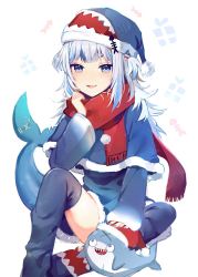 Rule 34 | 1girl, adapted costume, bloop (gawr gura), blue eyes, blue hair, blunt bangs, capelet, christmas, commentary, english commentary, eyebrows hidden by hair, fangs, fins, fish tail, fur trim, gawr gura, hat, headpat, hololive, hololive english, long hair, multicolored hair, open mouth, red scarf, santa hat, satchely, scar, scarf, shark, shark tail, silver hair, sitting, smile, solo, streaked hair, tail, thighhighs, virtual youtuber, white background