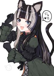 Rule 34 | 1girl, :d, absurdres, animal ears, black gloves, black hair, blush, cat ears, cat girl, cat tail, fangs, gloves, gothic lolita, grey eyes, grey hair, highres, hololive, hololive dev is, juufuutei raden, kemonomimi mode, lolita fashion, looking at viewer, multicolored hair, nanamiya natsumi, open mouth, paw pose, simple background, smile, solo, tail, two-tone hair, upper body, virtual youtuber, white background