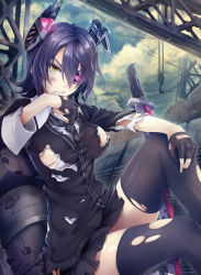 Rule 34 | 10s, 1girl, bad id, bad pixiv id, black gloves, black thighhighs, breasts, bruise, buttons, cardigan, clenched teeth, cloud, colored eyelashes, crane (machine), damaged, electricity, eyepatch, female focus, fingerless gloves, from side, gloves, glowing, hair between eyes, headgear, highres, injury, kantai collection, knee up, large breasts, looking at viewer, machinery, miniskirt, necktie, no bra, outdoors, planted, planted sword, planted weapon, pleated skirt, pokimari, purple hair, ruins, school uniform, shirt, short hair, sideboob, sitting, skirt, sky, sleeve cuffs, solo, sword, tears, teeth, tenryuu (kancolle), thighhighs, torn clothes, torn gloves, torn shirt, torn skirt, torn thighhighs, weapon, yellow eyes