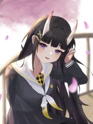 Rule 34 | 1girl, absurdres, azur lane, black hair, blurry, blurry background, breasts, cherry blossoms, collarbone, falling petals, hair ribbon, hand in own hair, highres, hoangryu, horns, long hair, looking at viewer, medium breasts, noshiro (azur lane), oni horns, open mouth, petals, purple eyes, ribbon, school uniform, smile, solo