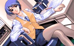 Rule 34 | 1990s (style), 1girl, amazuyu tatsuki, black skirt, blue eyes, blue hair, blue necktie, crossed legs, desk, game cg, kannazuki shiho, looking at viewer, necktie, office lady, on chair, paper, pc-98 (style), pia carrot (series), pia carrot e youkoso!!, retro artstyle, shirt, sitting, skirt, solo, vest, white shirt, yellow vest