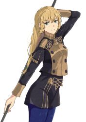 Rule 34 | 1girl, blonde hair, blue pantyhose, braid, buttons, closed mouth, commentary request, fingernails, fire emblem, fire emblem: three houses, garreg mach monastery uniform, green eyes, highres, holding, holding polearm, holding weapon, ingrid brandl galatea, long hair, long sleeves, looking at viewer, nintendo, pantyhose, polearm, simple background, smile, solo, spear, vankin, very long hair, weapon, white background
