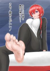 Rule 34 | 1girl, azur lane, barefoot, braid, breasts, business suit, feet, foot focus, formal, highres, large breasts, long hair, looking at viewer, monarch (azur lane), parted lips, pov, purple eyes, red hair, sitting, soles, suit, toes, translated