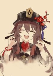 Rule 34 | 1girl, ^ ^, absurdres, bead bracelet, beads, black hat, black nails, blush, bracelet, brown hair, chinese clothes, claw pose, closed eyes, flower, genshin impact, happy, hat, hat flower, highres, hu tao (genshin impact), jewelry, looking at viewer, nail polish, open mouth, qingxin gua yu, ring, solo, top hat, twintails, upper body