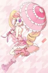 Rule 34 | 10s, 1girl, bare back, big hair, blonde hair, blue eyes, boots, bow, dress, drill hair, earrings, eyepatch, hair bow, harime nui, heart, jewelry, kill la kill, leg up, long hair, mayuhiko3310, parasol, pink bow, pink footwear, smile, solo, strapless, strapless dress, twin drills, twintails, umbrella
