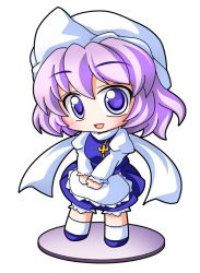 Rule 34 | 1girl, apron, bad id, bad pixiv id, bloomers, blue eyes, blush, breasts, chibi, faux figurine, female focus, hat, juliet sleeves, lapel pin, letty whiterock, long sleeves, medium breasts, open mouth, puffy sleeves, purple hair, scarf, shinjitsu, short hair, skirt, smile, solo, touhou, underwear, white scarf