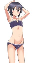 Rule 34 | 1girl, armpits, arms behind head, arms up, bad id, bad pixiv id, bikini, black bikini, black hair, blush, breasts, brown eyes, closed mouth, expressionless, kino (kino no tabi), kino no tabi, looking at viewer, minami (y-r-h998d), navel, short hair, simple background, small breasts, solo, swimsuit, white background