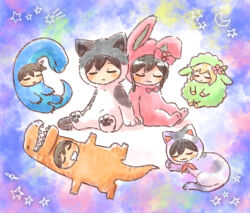 Rule 34 | 2girls, 4boys, animal costume, aubrey (faraway) (omori), aubrey (omori), basil (faraway) (omori), basil (omori), black hair, blonde hair, brown hair, cat costume, chibi, chibi only, closed eyes, closed mouth, dinosaur costume, flower, hair flower, hair ornament, hero (faraway) (omori), hero (omori), kel (faraway) (omori), kel (omori), long hair, mari (faraway) (omori), mari (omori), multiple boys, multiple girls, omori, onesie, open mouth, rabbit costume, sheep costume, short hair, sun iiinu, sunny (omori)