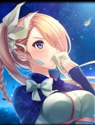 Rule 34 | artist request, blonde hair, blue capelet, blue eyes, blush, bow, braid, breasts, capelet, covering own mouth, eyes visible through hair, hair ribbon, handkerchief, highres, large breasts, night, night sky, official art, petals, phantom of the kill, ribbon, shinobi nightmare, sky, solo