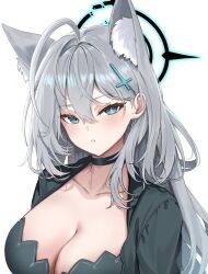 Rule 34 | 1girl, absurdres, ahoge, animal ear fluff, animal ears, black choker, black dress, blue archive, blue eyes, blush, breasts, choker, cleavage, collarbone, cross hair ornament, dark halo, dress, extra ears, grey hair, hair between eyes, hair ornament, halo, highres, large breasts, li se, long hair, parted lips, shiroko (blue archive), shiroko terror (blue archive), simple background, solo, upper body, white background, wolf ears